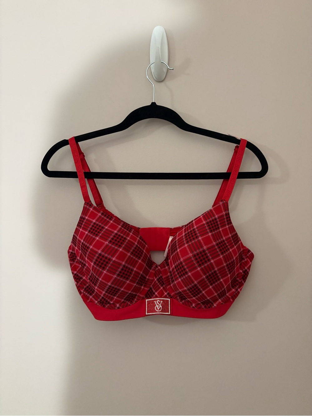 Victoria’s Secret 38D Lightly Lined Bra Red Plaid Shine Patch Underwire